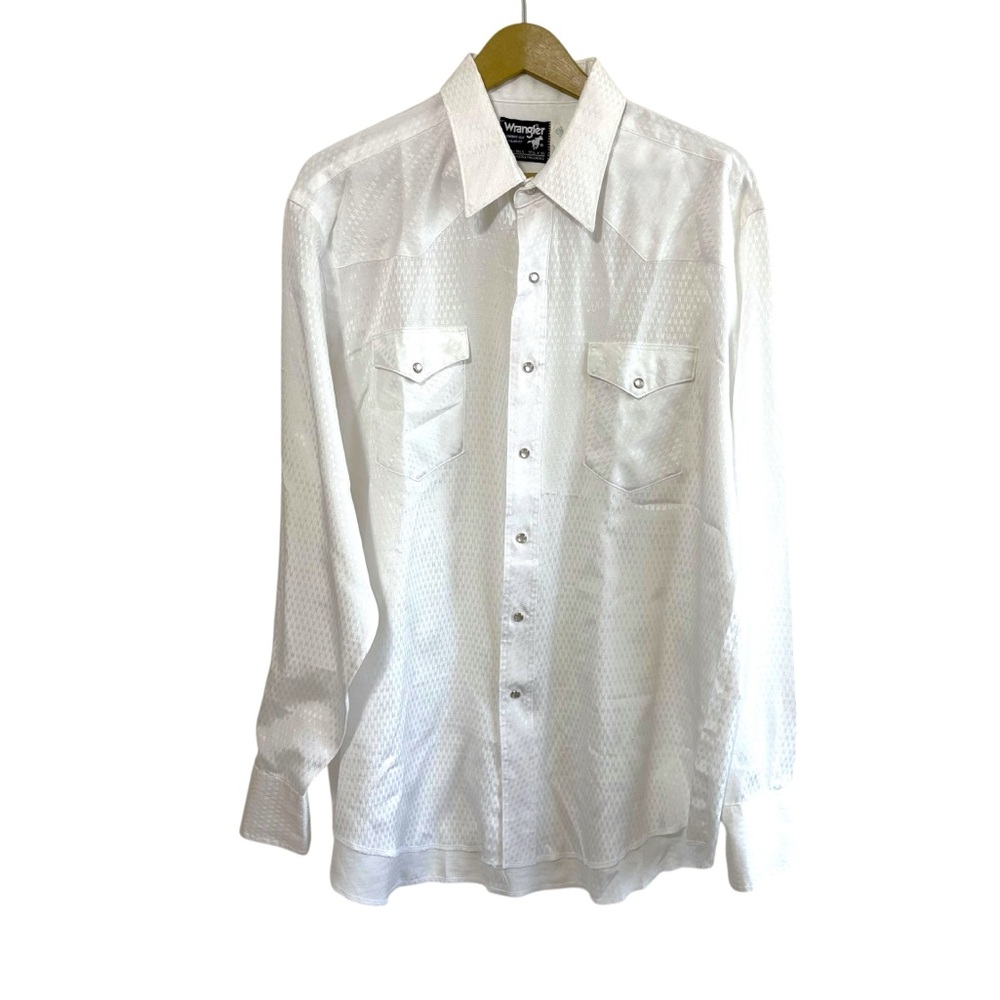 Vintage Wrangler Mens 17.5 White Cowboy Cut Pearl Snap Long Sleeve Western Shirt